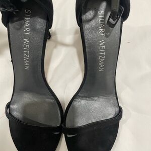 Black suede ankle strap high heel sandals